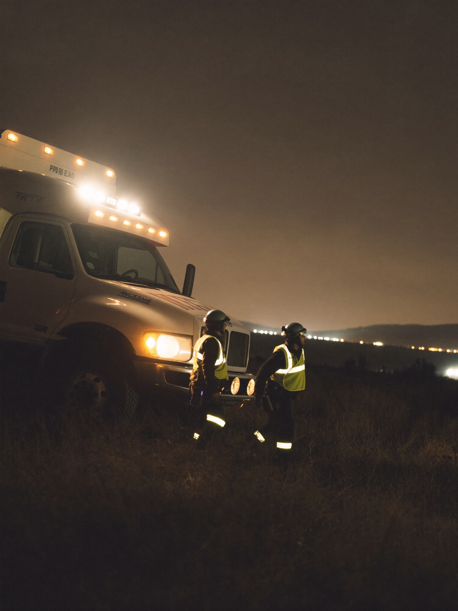 Field crew responding to equipment at night with truck headlights