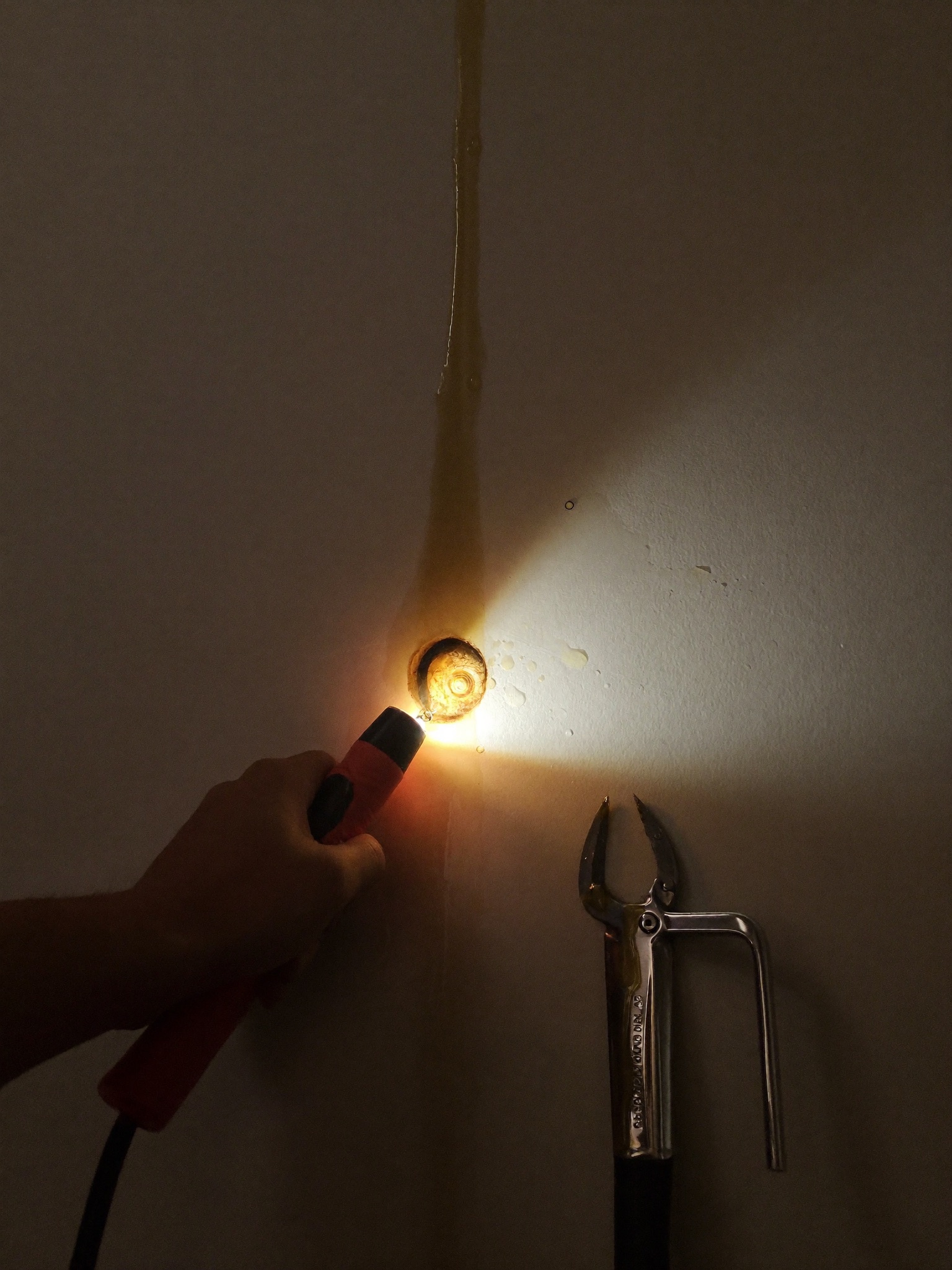 Plumber with a flashlight inspecting an emergency leak