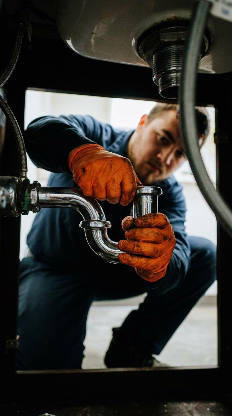 Plumber performing routine maintenance under a sink