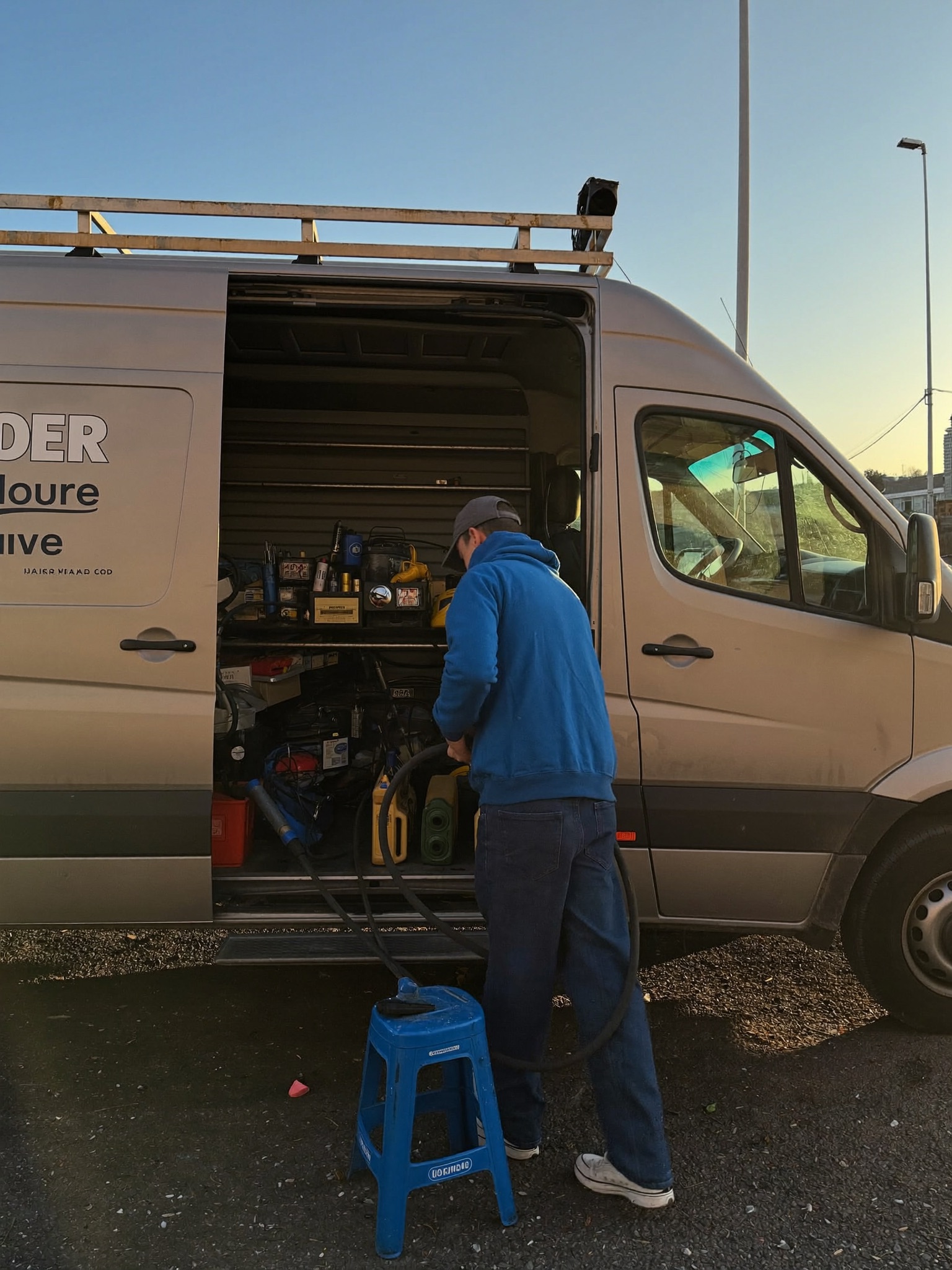 Plumber checking the day's routed jobs at the service van