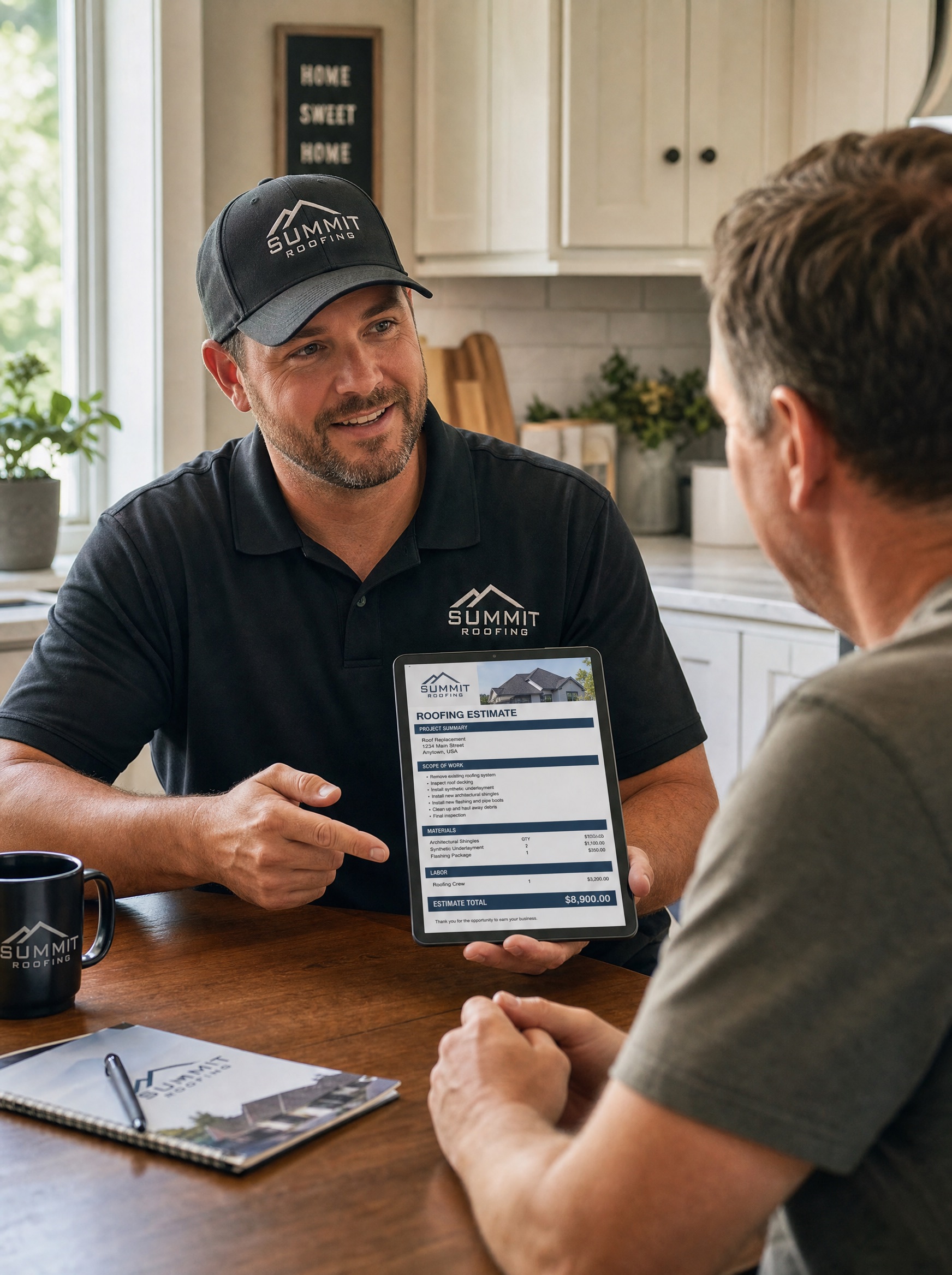 Roofer reviewing a roofing estimate on a tablet at the kitchen table