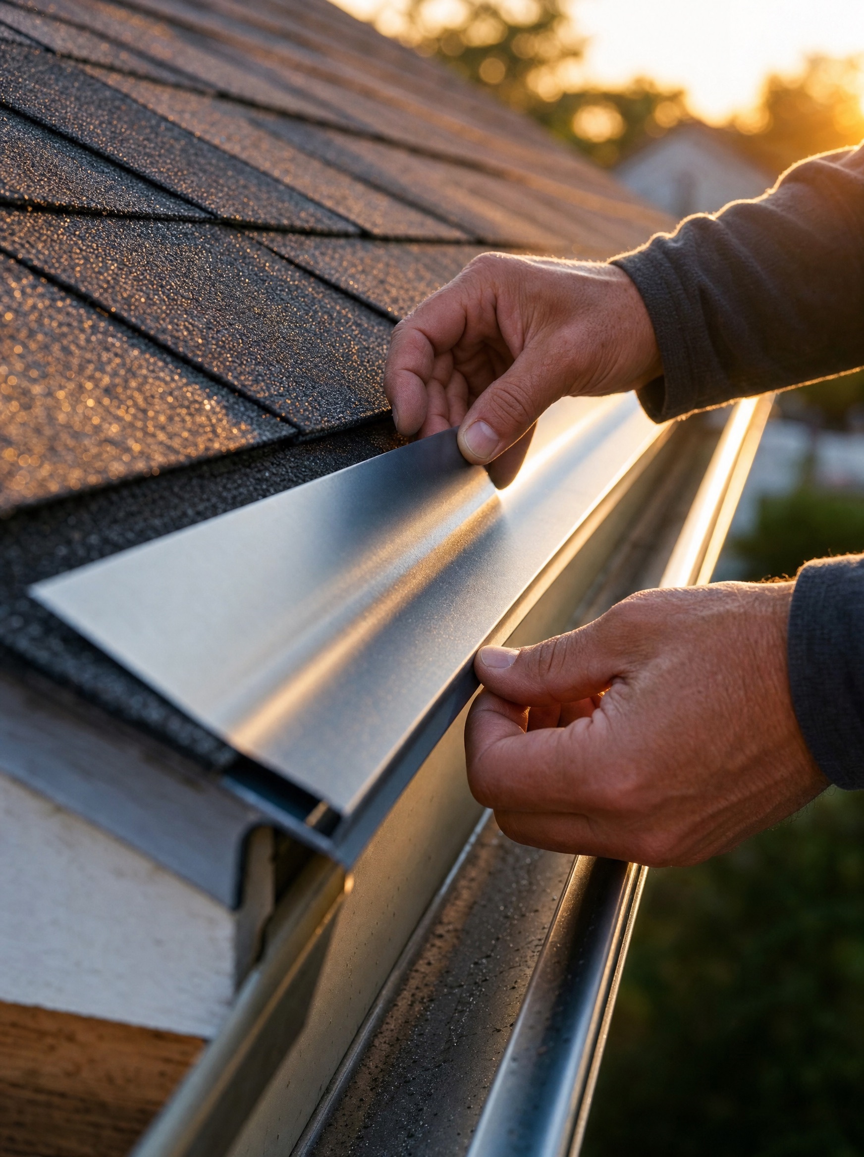 Hands installing gutter flashing at golden hour