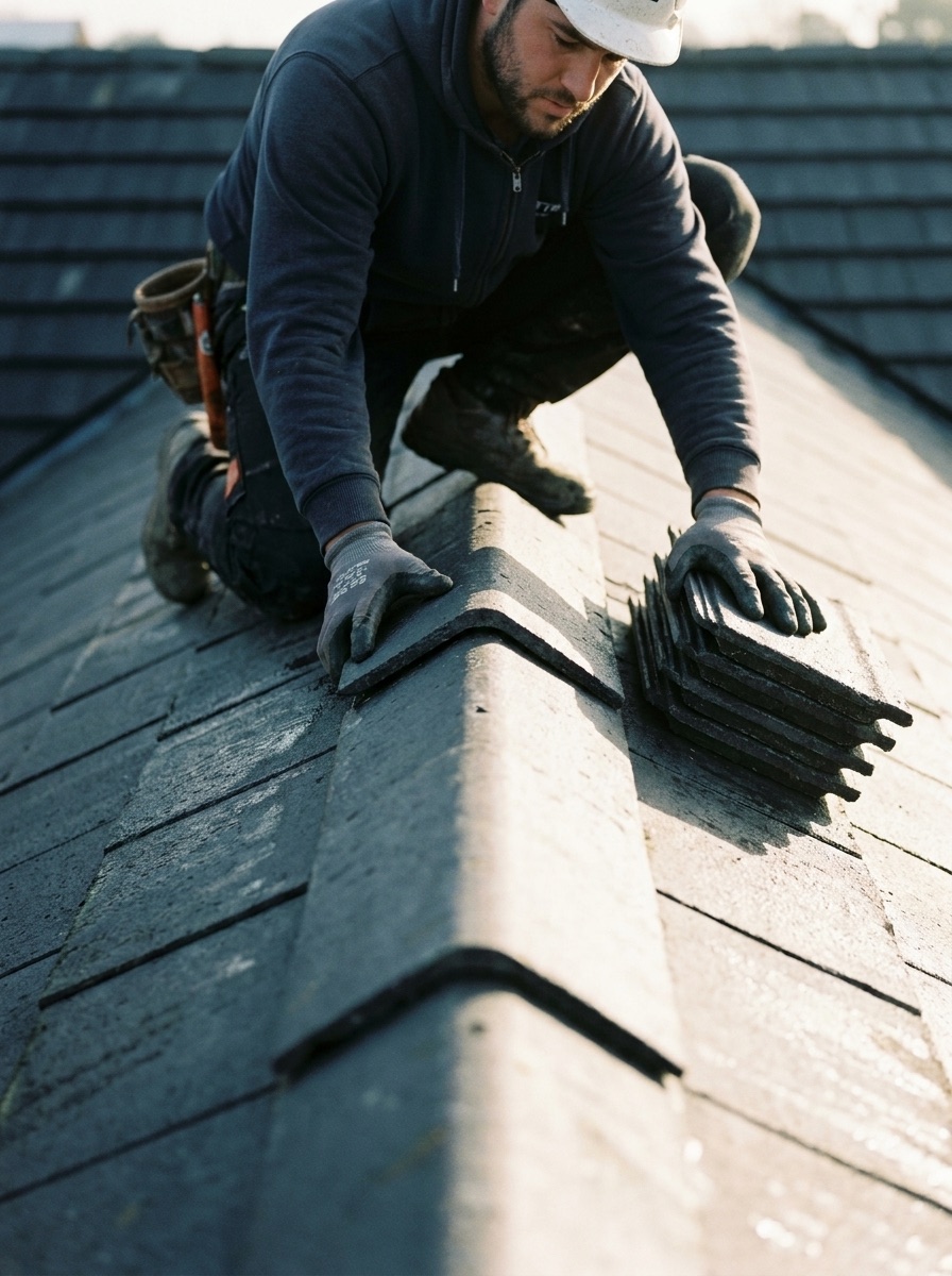 Roofer installing ridge tiles at golden hour