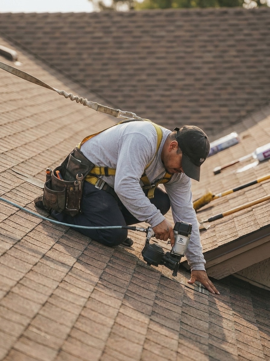 Roofer in a safety harness working on a steep roof