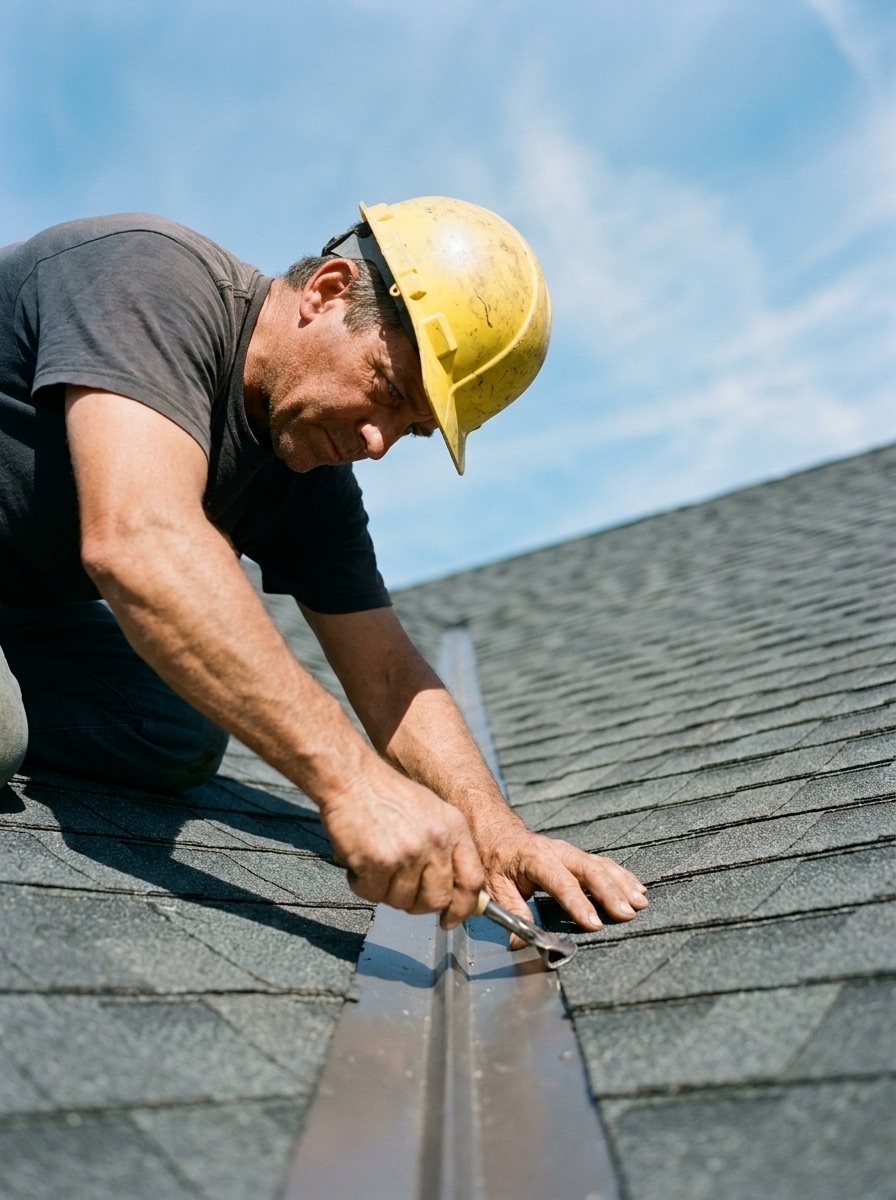 Roofer in a hard hat repairing valley flashing on a shingle roof