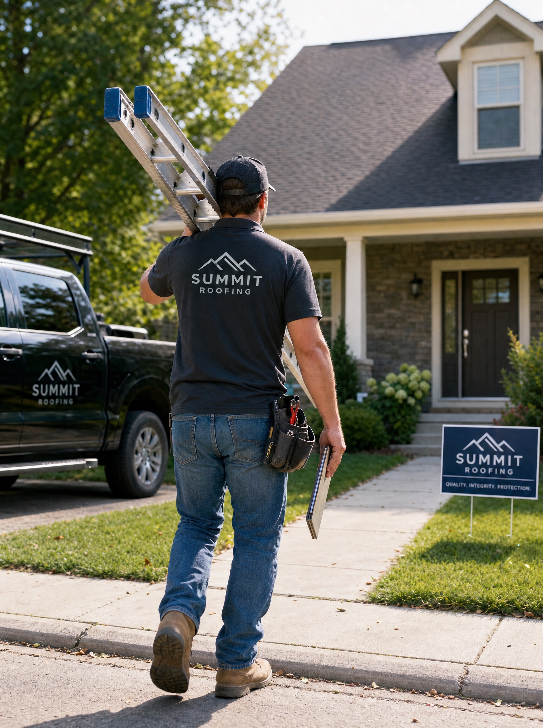 Roofer arriving at a home with a ladder, ready to inspect