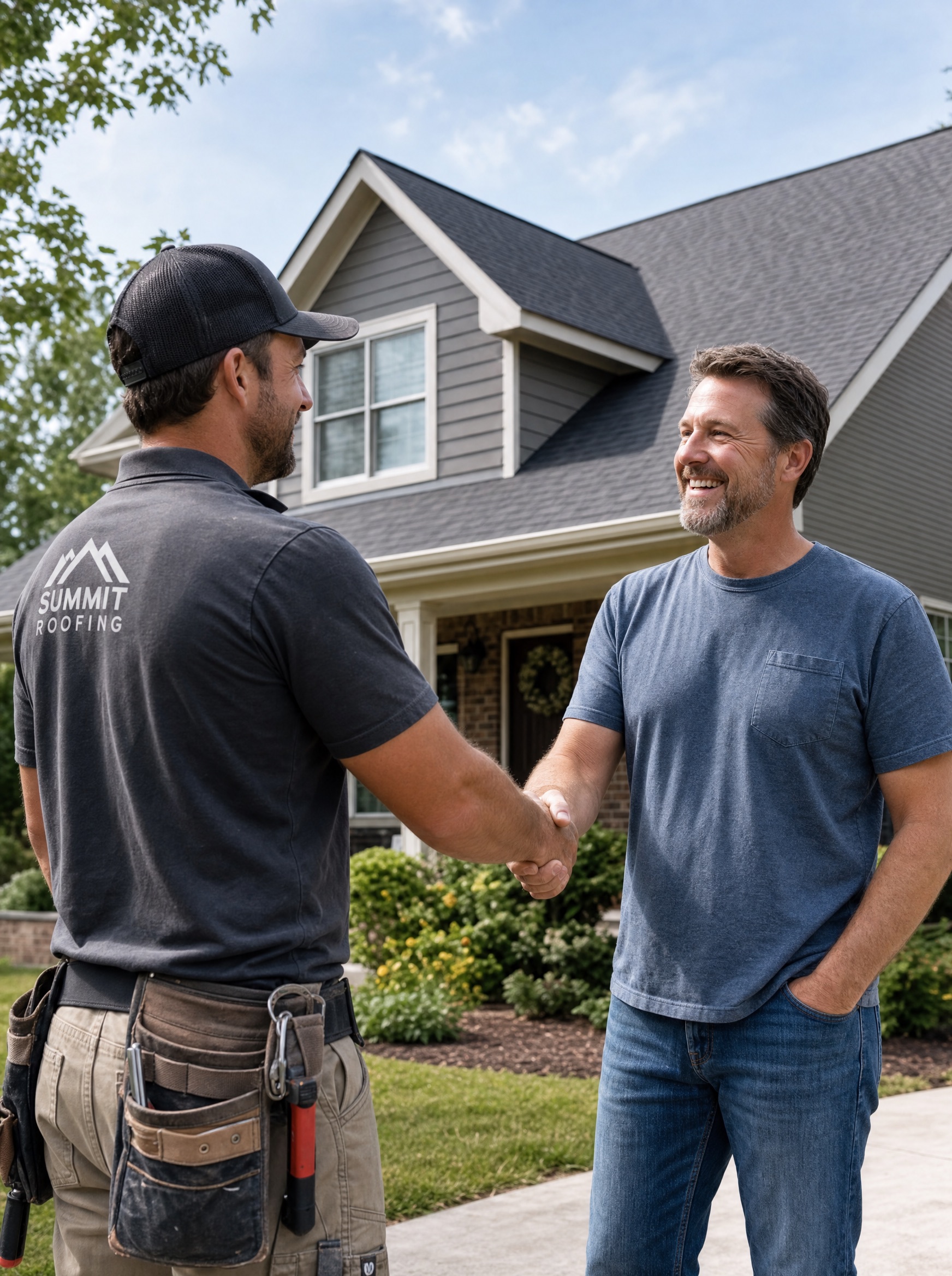Roofer shaking hands with a smiling homeowner in front of their house